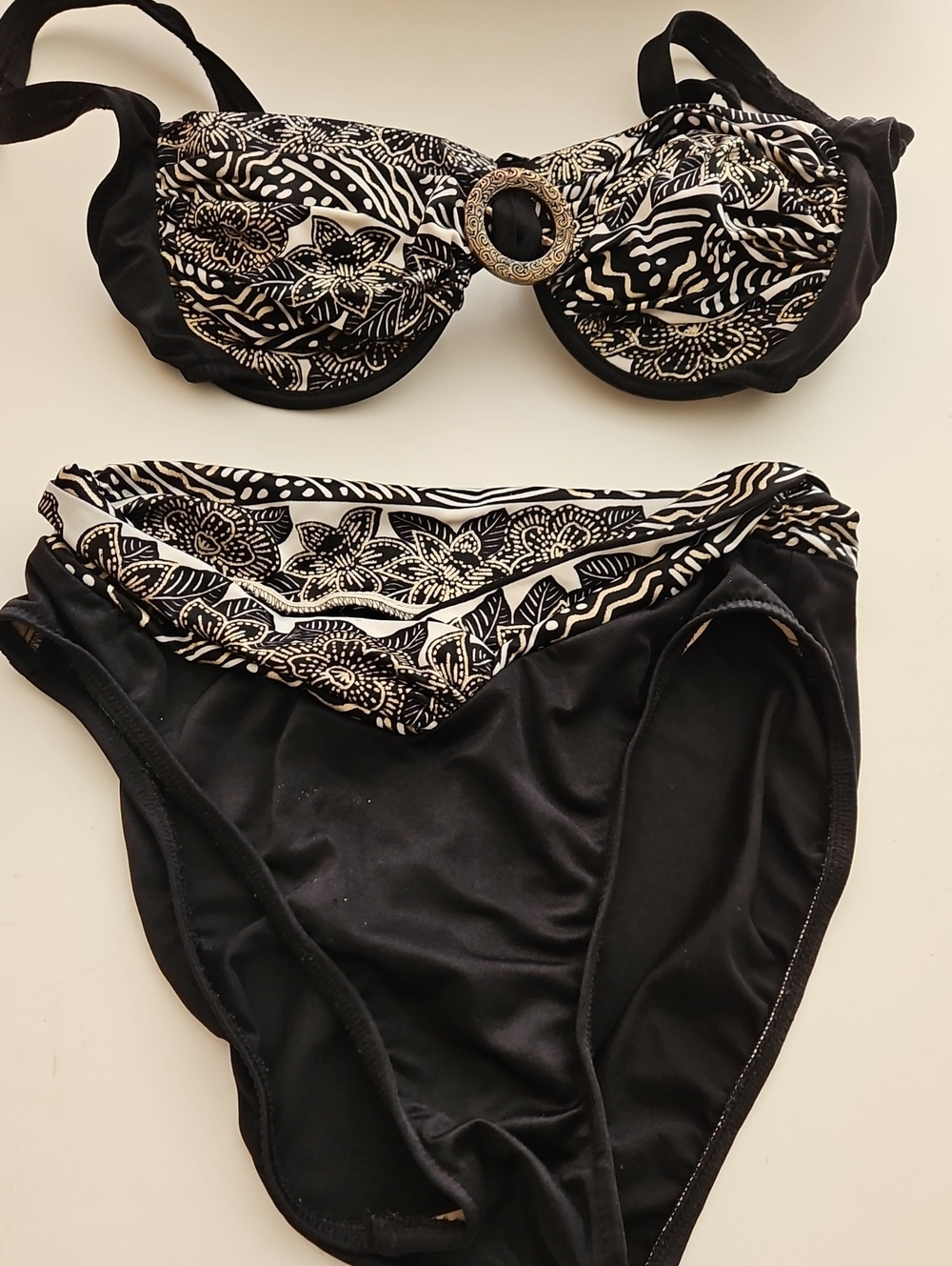 Catalina Bikini Vintage Two Piece Swimsuit  Black White Gold Pattern Bandeau